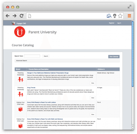 CMS Parent University Course Catalog Screenshot
