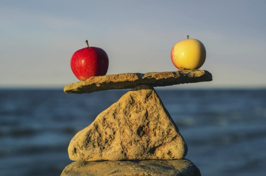 apples balancing on a rock
