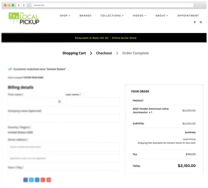 The Local Pickup checkout page screenshot