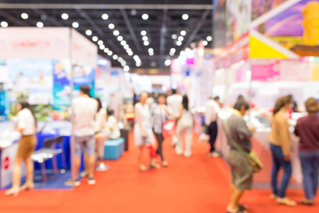 trade show marketing, Abstract blurred event exhibition with people background, business convention show concept.